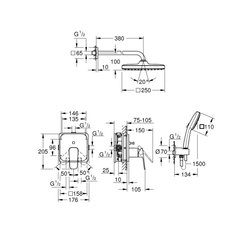Душевой комплект Grohe Cubeo 1053360000 хром - схема