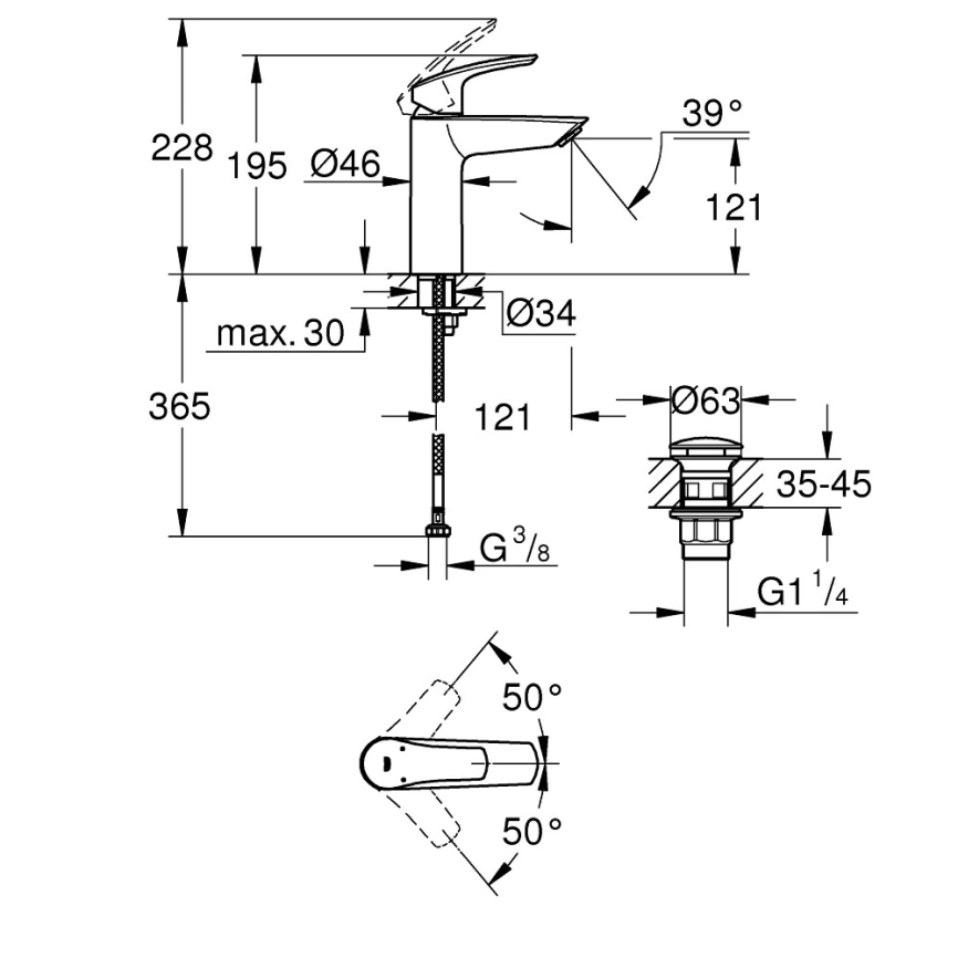 Смеситель для раковины Grohe Eurosmart 23923003 хром - схема