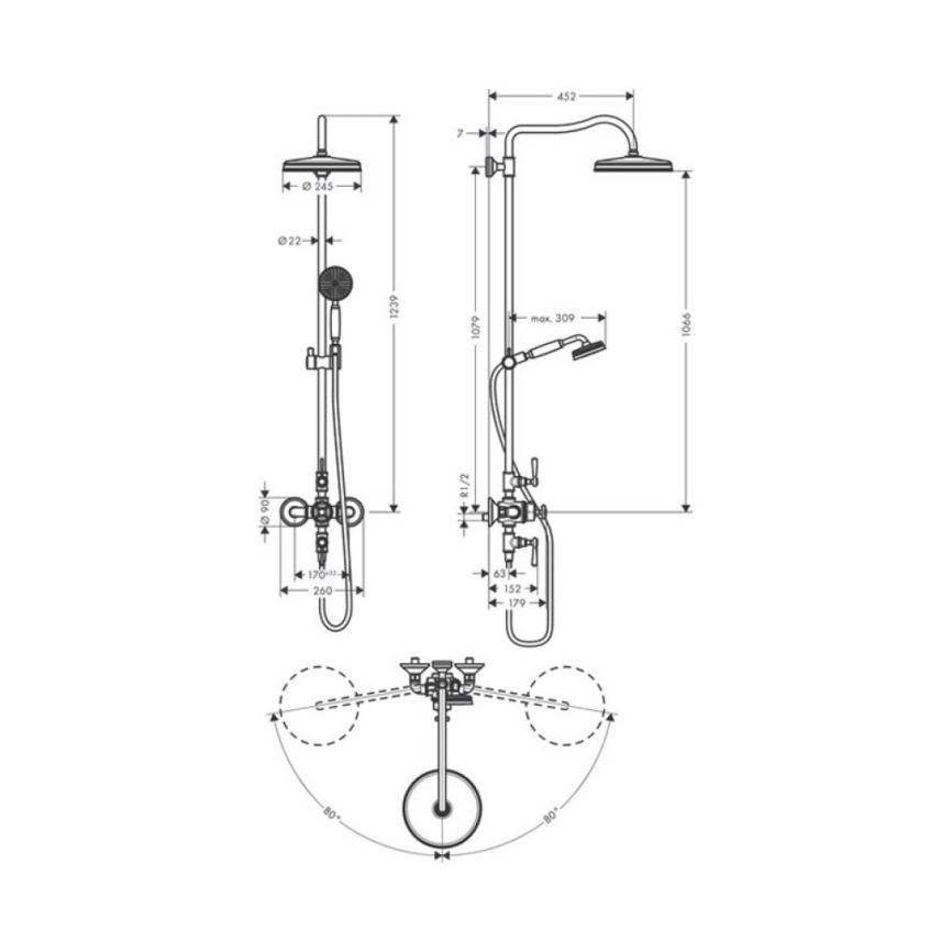 Душевая система Axor Montreux 16572000 с термостатом и верхним душем - схема