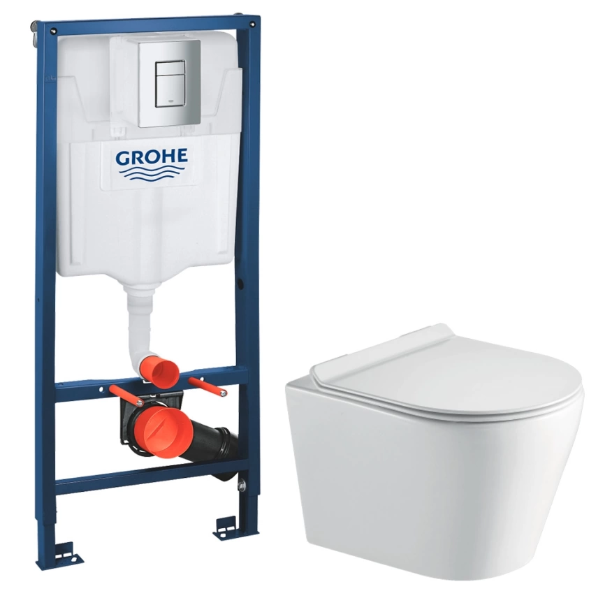 Комплект инсталляции Grohe Rapid SL 38772001 c кнопкой хром и подвесным унитазом Gromix GM-0201 с сиденьем