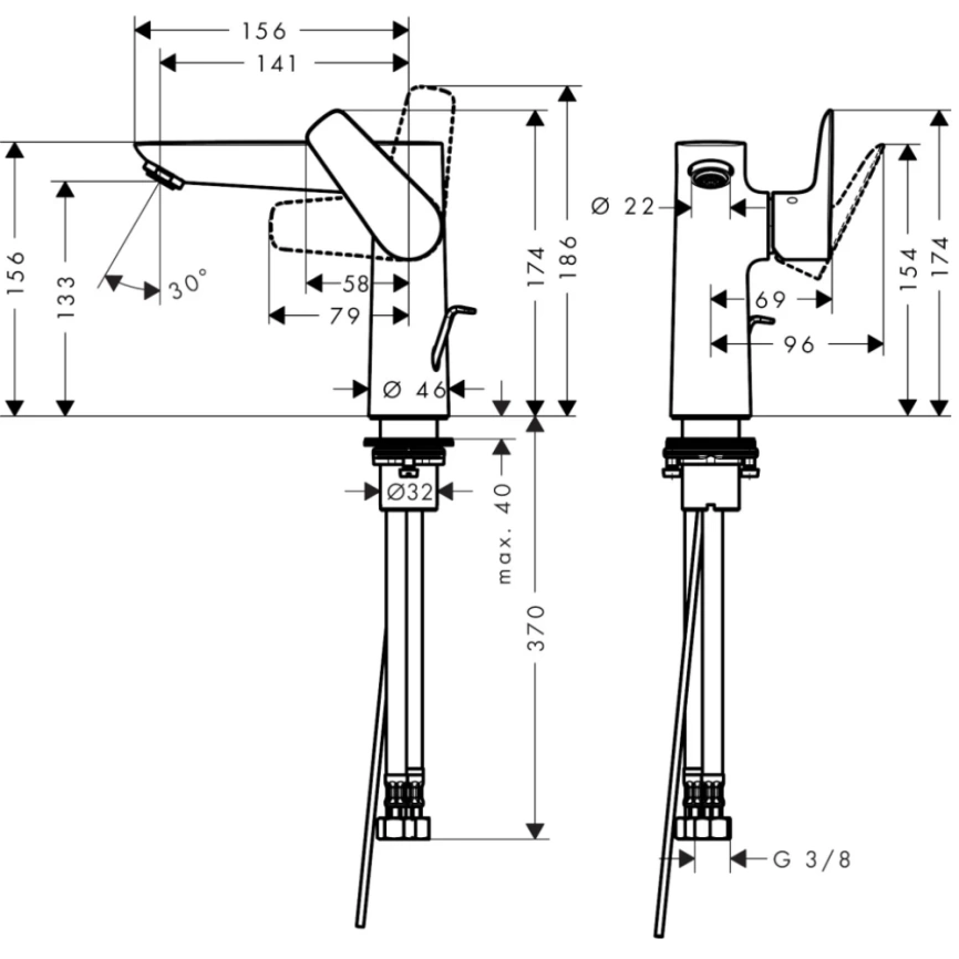 Смеситель для раковины Hansgrohe Talis E 71754000, хром - схема