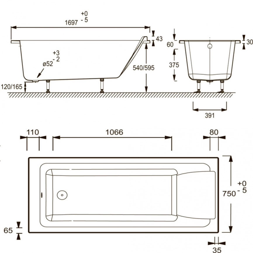 Ванна акриловая Jacob Delafon Sofa 170x75 E60515RU-01 с каркасом - схема