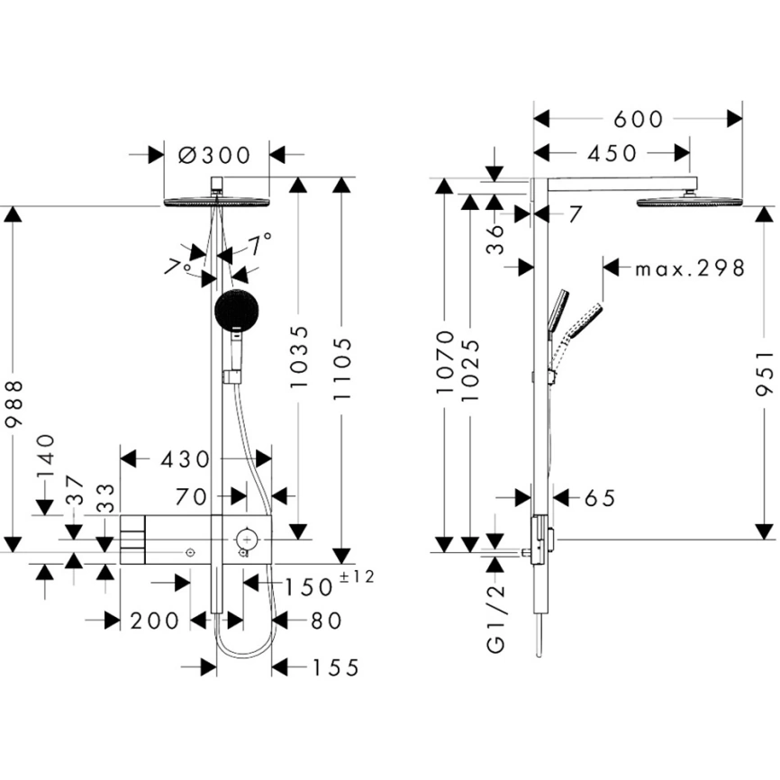 Душевая стойка Hansgrohe Raindance Alive S 24596990 с термостатом золото - схема