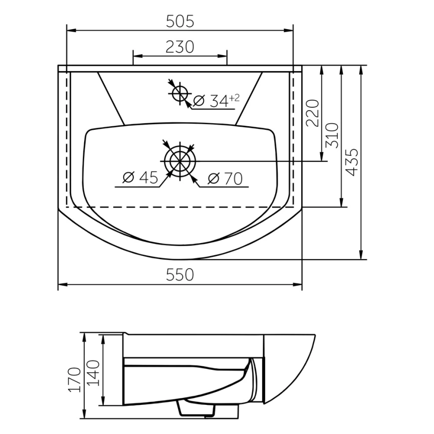 Раковина мебельная Rosa Элеганс 550, белая - схема