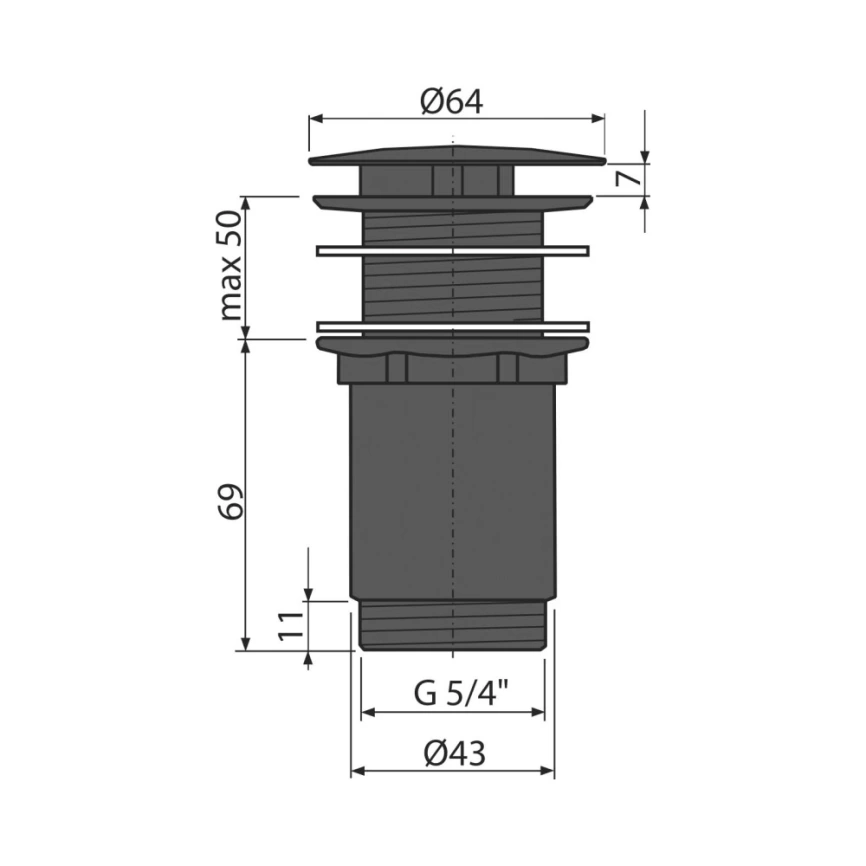 Донный клапан для раковины Alcaplast A396BLACK, без перелива с большой заглушкой, черный матовый - схема