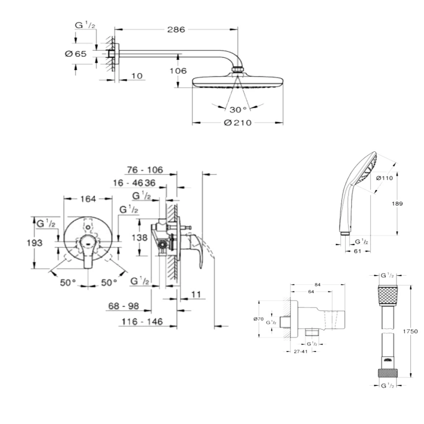 Душевой комплект Grohe Tempesta Eurosmart 124440 хром - схема