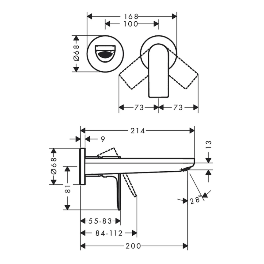 Смеситель для раковины Hansgrohe Rebris E 72568670 настенный, черный - схема