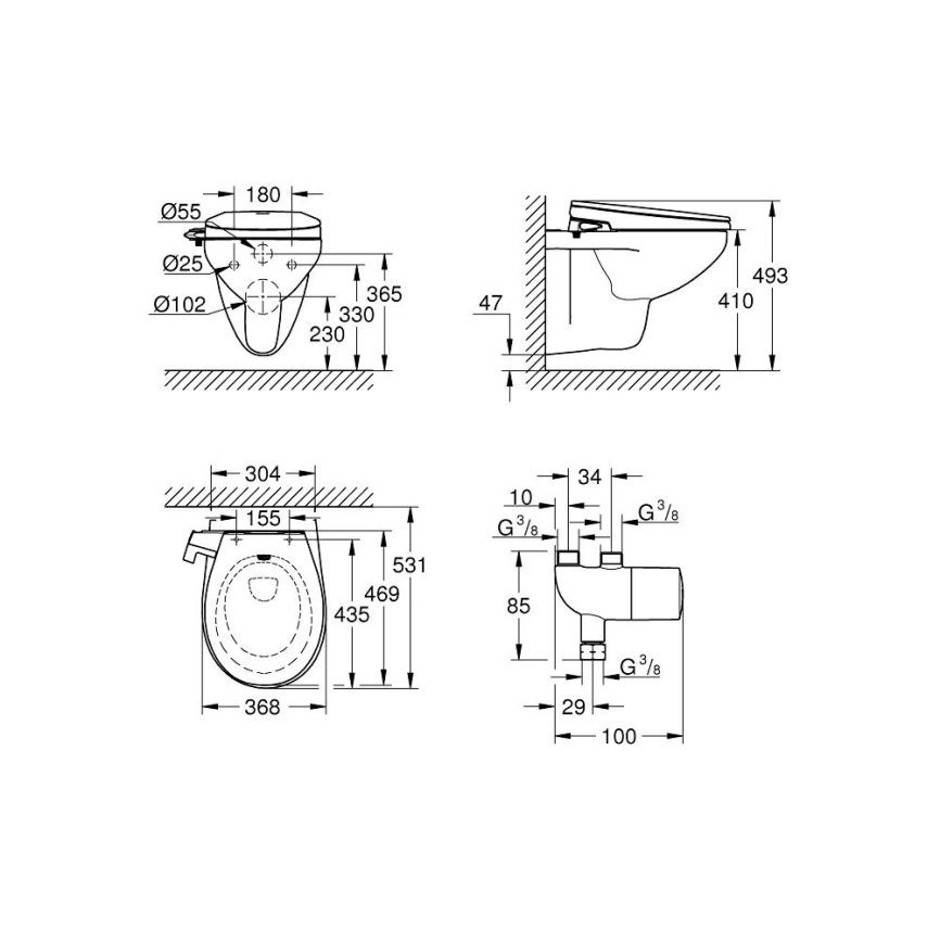 Унитаз-биде подвесной Grohe Bau Ceramic 39652SH0 с сиденьем - схема