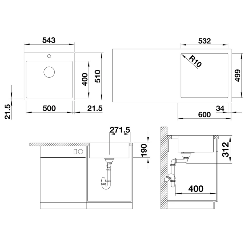Мойка кухонная Blanco Subline 500-IF/A Steelframe 524111 антрацит - схема