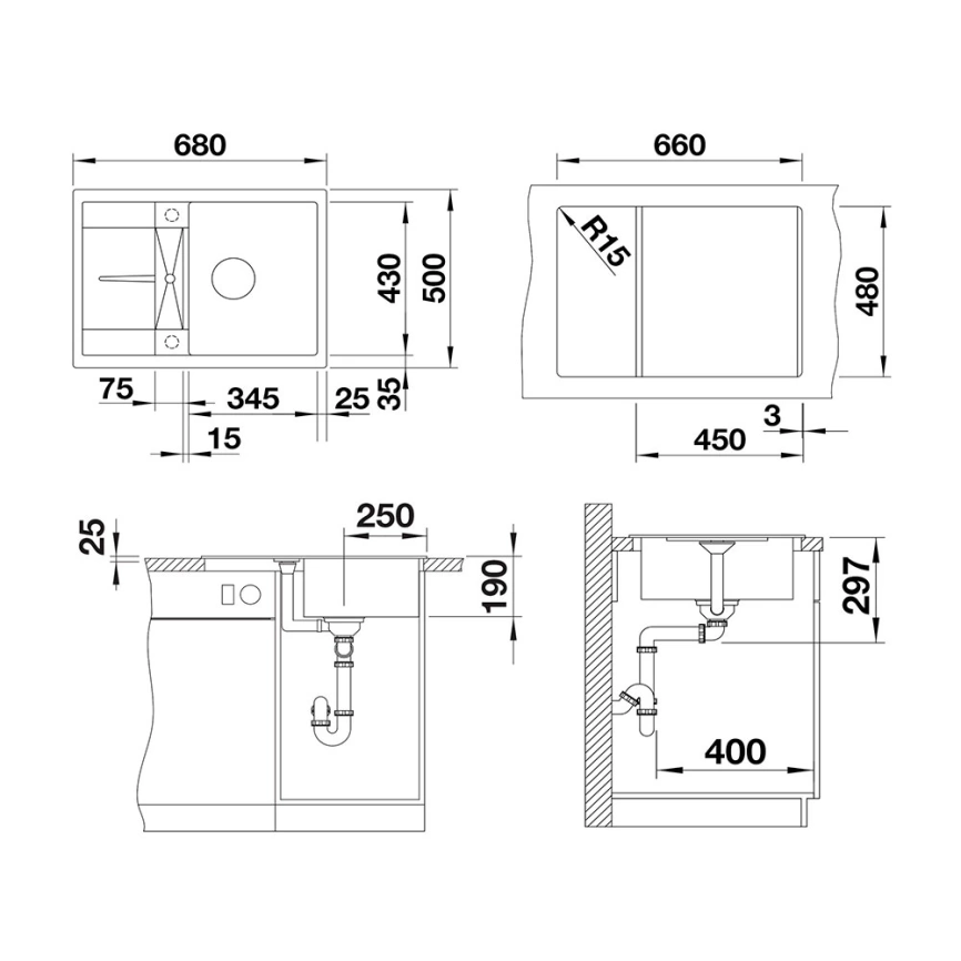 Мойка кухонная Blanco Metra 45 S Compact 525913 черная - схема