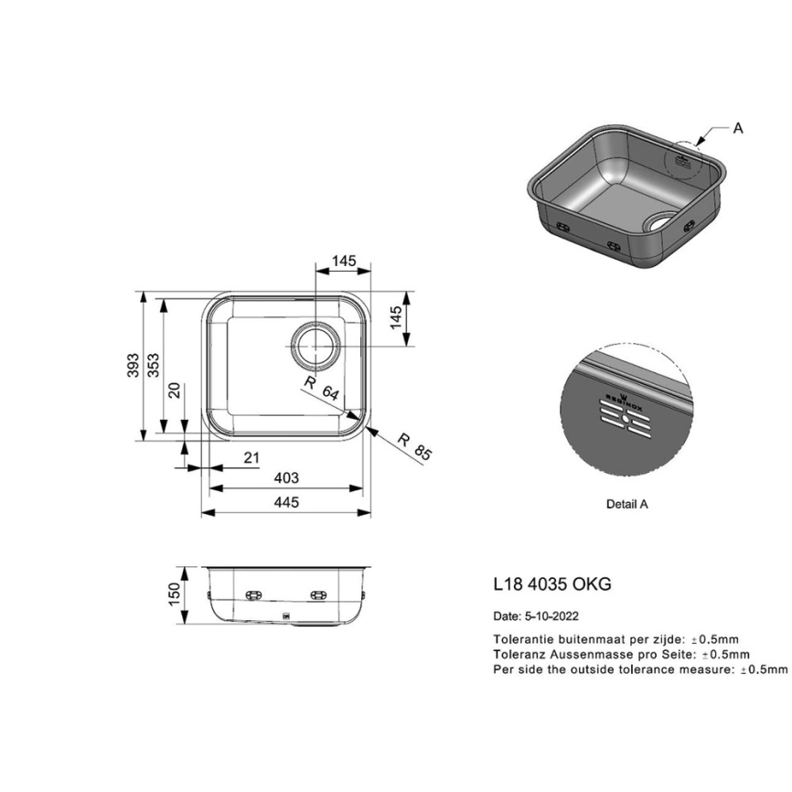 Мойка кухонная из нержавеющей стали Reginox L18 4035 Okg - схема