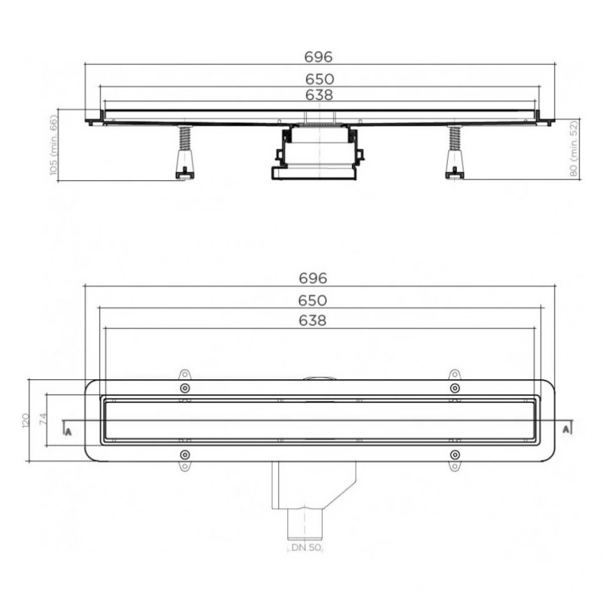 Душевой лоток Pestan Betto Line 650 мм, 13702510 с решеткой и опорами - схема