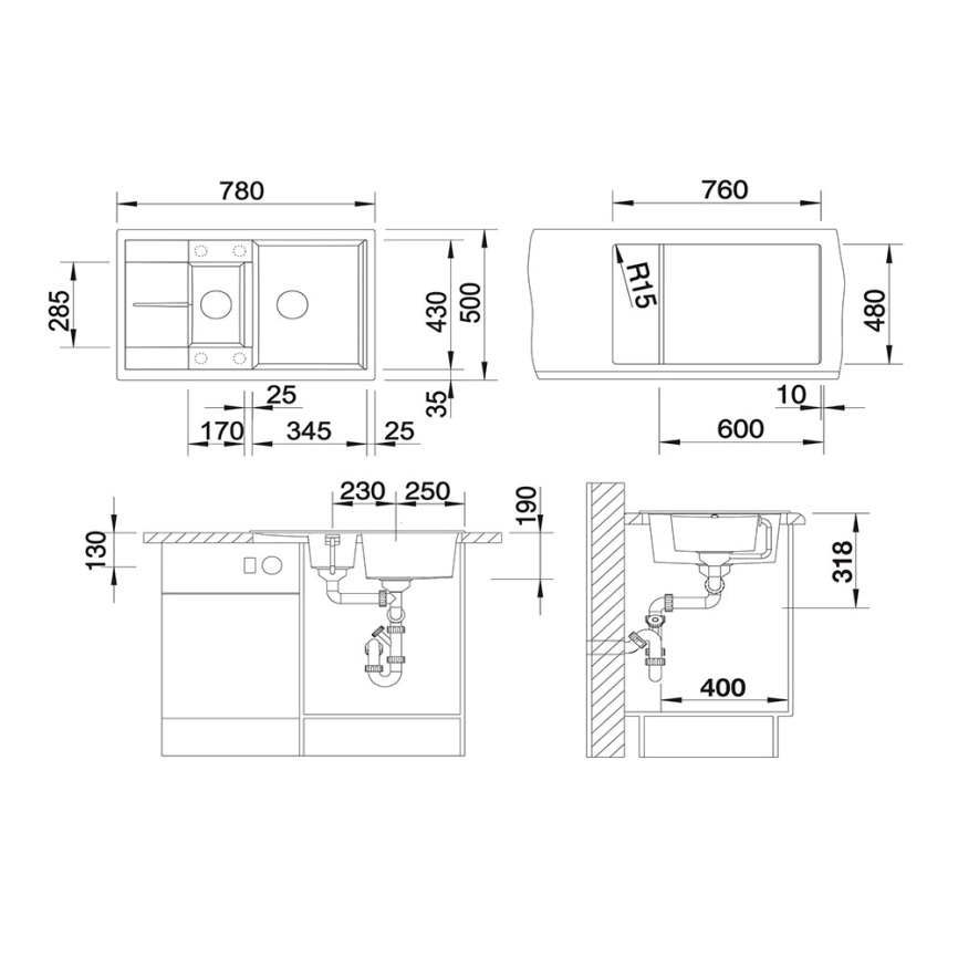Мойка кухонная Blanco Metra 6 S Compact 513468 белая - схема