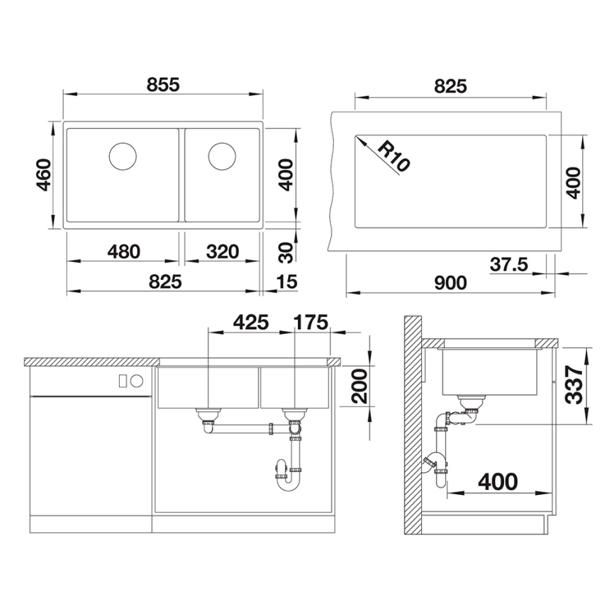 Мойка кухонная Blanco Subline 480/320-U 523585 темная скала - схема