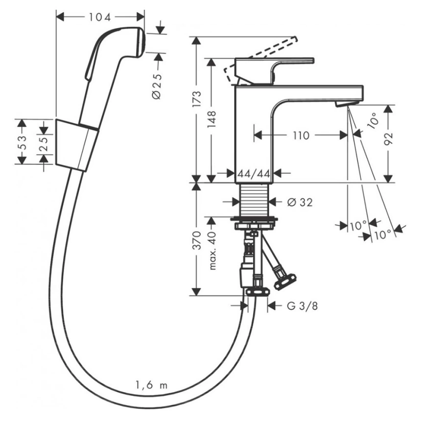 Смеситель для раковины Hansgrohe Vernis Shape 71216000 с гигиеническим душем - схема