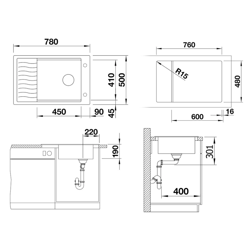 Мойка кухонная Blanco Elon XL 6 S 527253 вулканический серый - схема