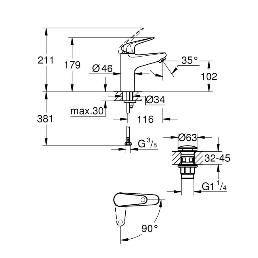 Смеситель для раковины Grohe Euroeco 24269001, хром - схема
