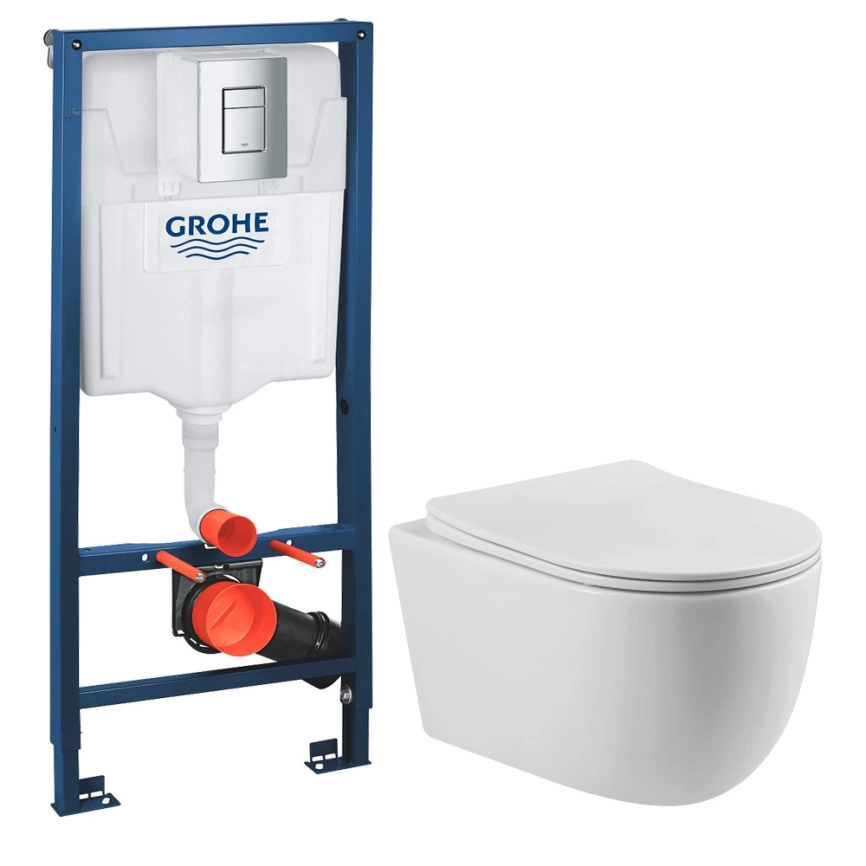 Комплект инсталляции Grohe Rapid SL 38772001 c кнопкой хром и подвесным унитазом Gromix GM-0211 с сиденьем