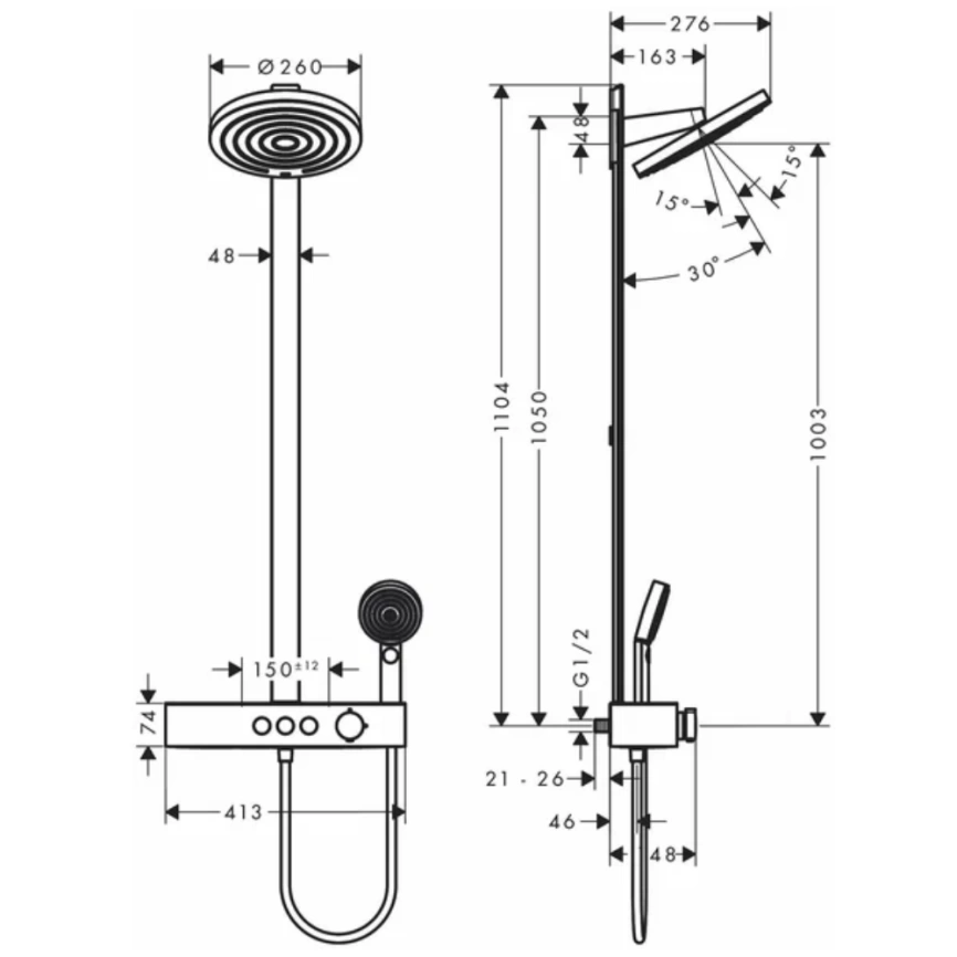 Душевая стойка Hansgrohe Pulsify Showerpipe 24240670 с термостатом - схема