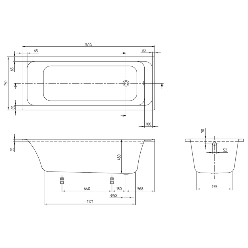Ванна акриловая Villeroy & Boch Architectura 170x75 UBA170ARA2V-01 с ножками - схема