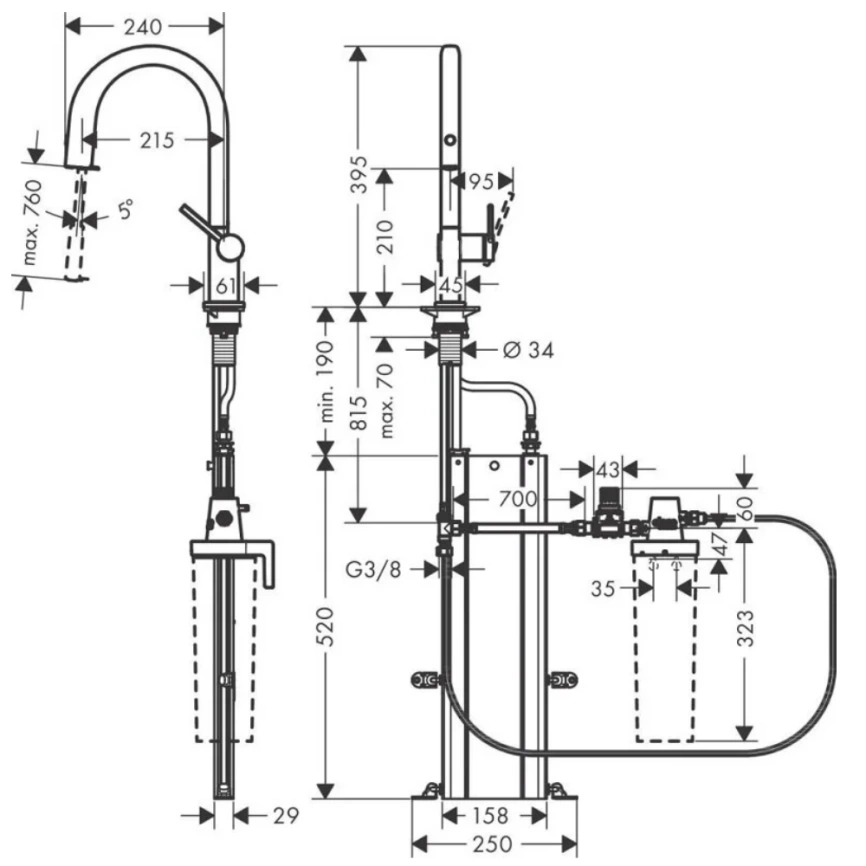 Смеситель для кухни Hansgrohe Aqittura M91 76826000 с вытяжным душем - схема
