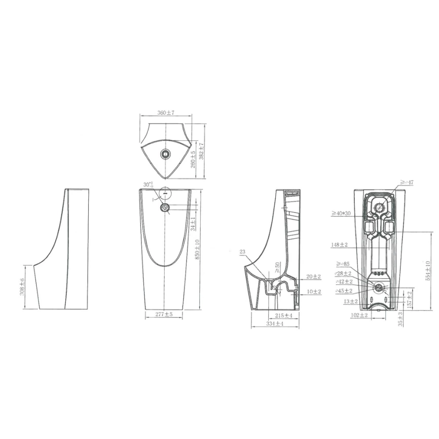 Писсуар настенный сенсорный Jomoo PJ13067-1-1D/41K-1 белый - схема