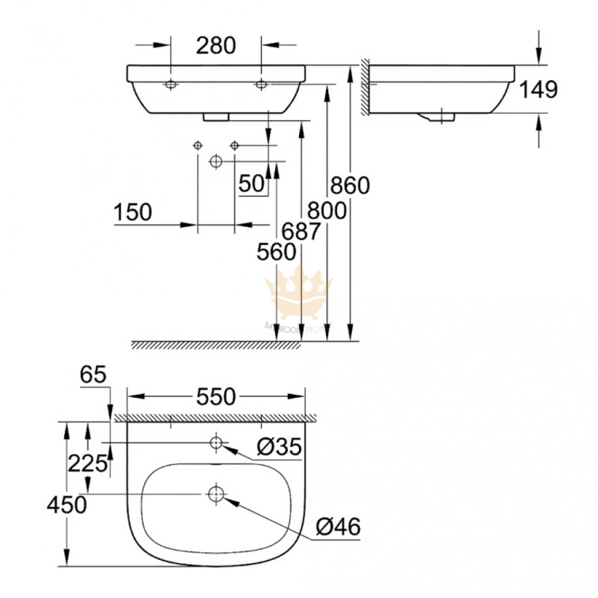 Раковина Grohe Euro Ceramic 55 см 39336000 - схема