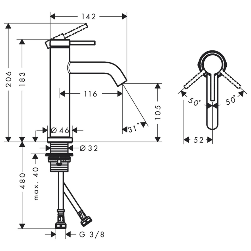 Смеситель для раковины Hansgrohe Tecturis S 73311000 хром - схема