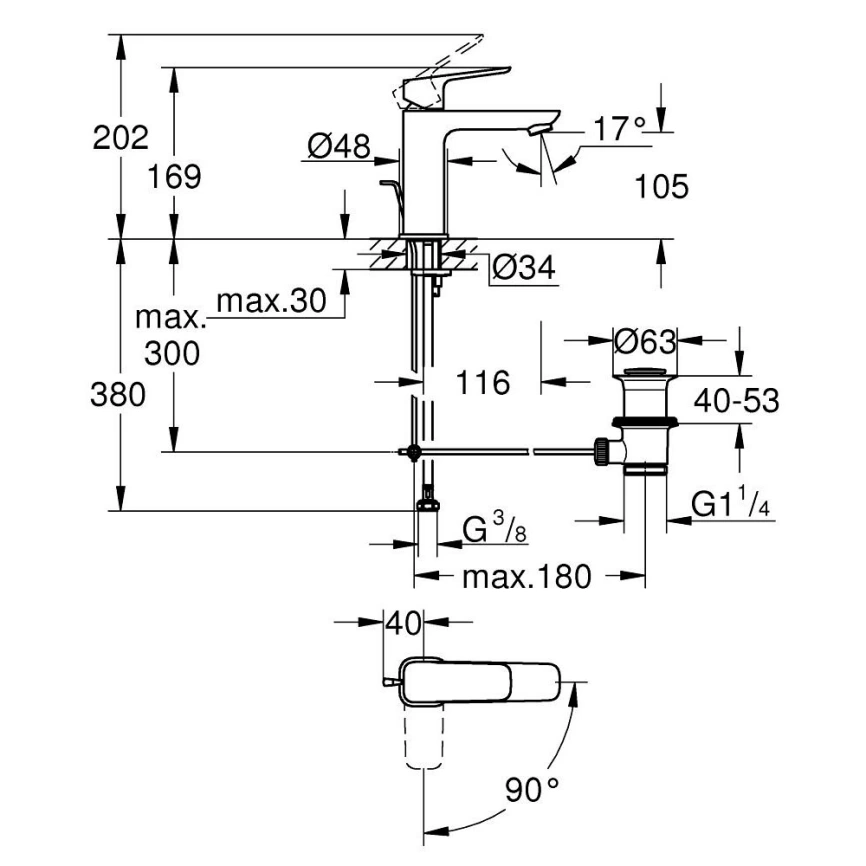 Смеситель для раковины Grohe Cubeo 1017560000, хром - схема
