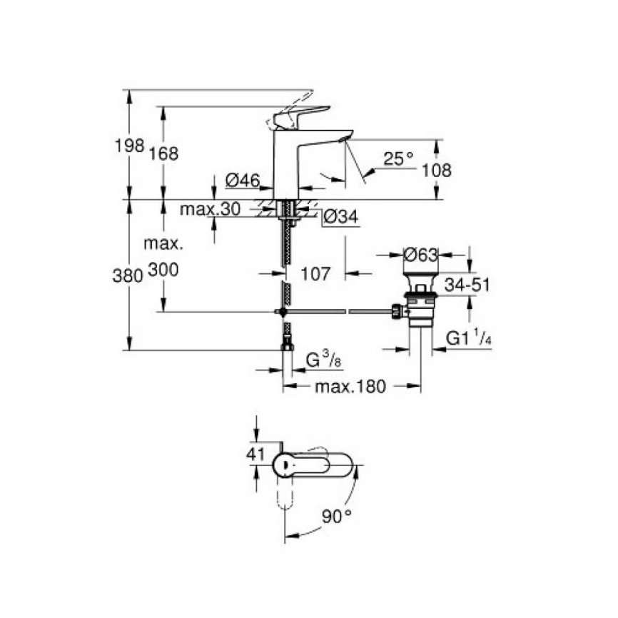 Смеситель для раковины Grohe BauEdge 23759000, хром - схема