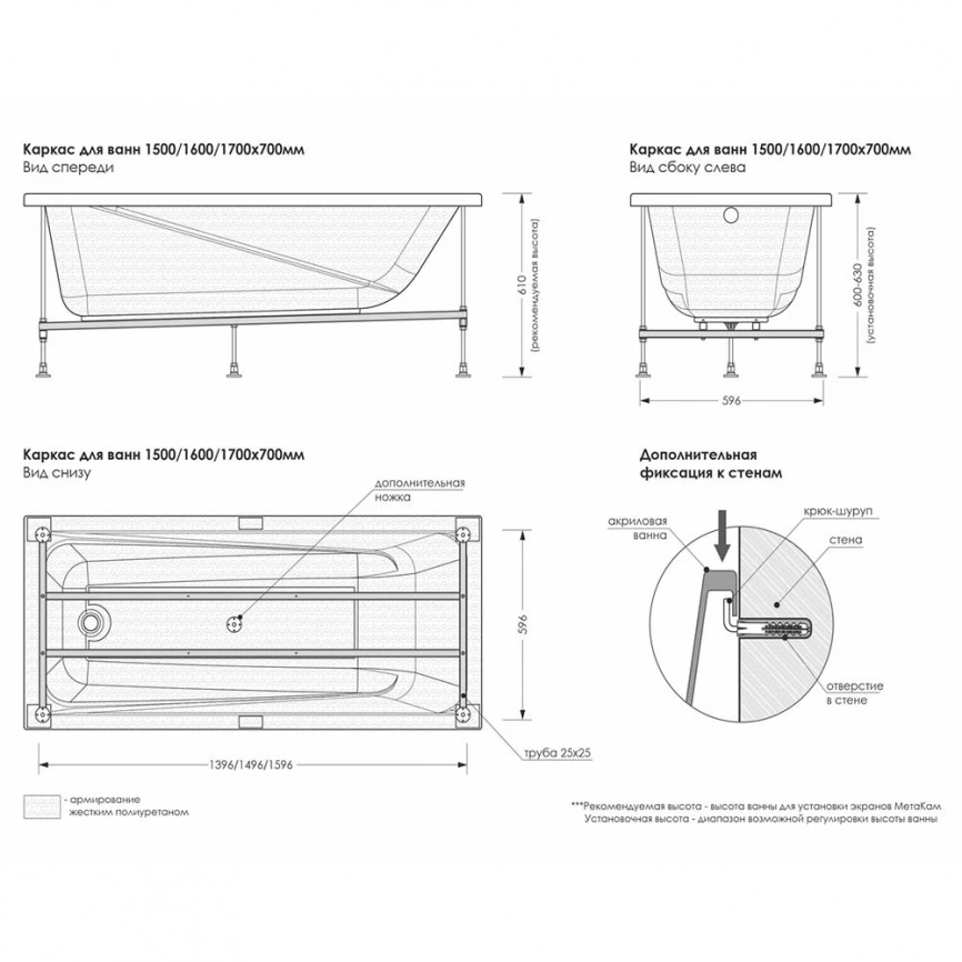 Каркас для ванн разборный Метакам Light, Standart, Comfort 150x70 - схема