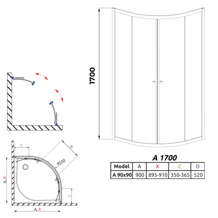 Душевой уголок Radaway Classic A 90x90x170, хром, прозрачное стекло - схема