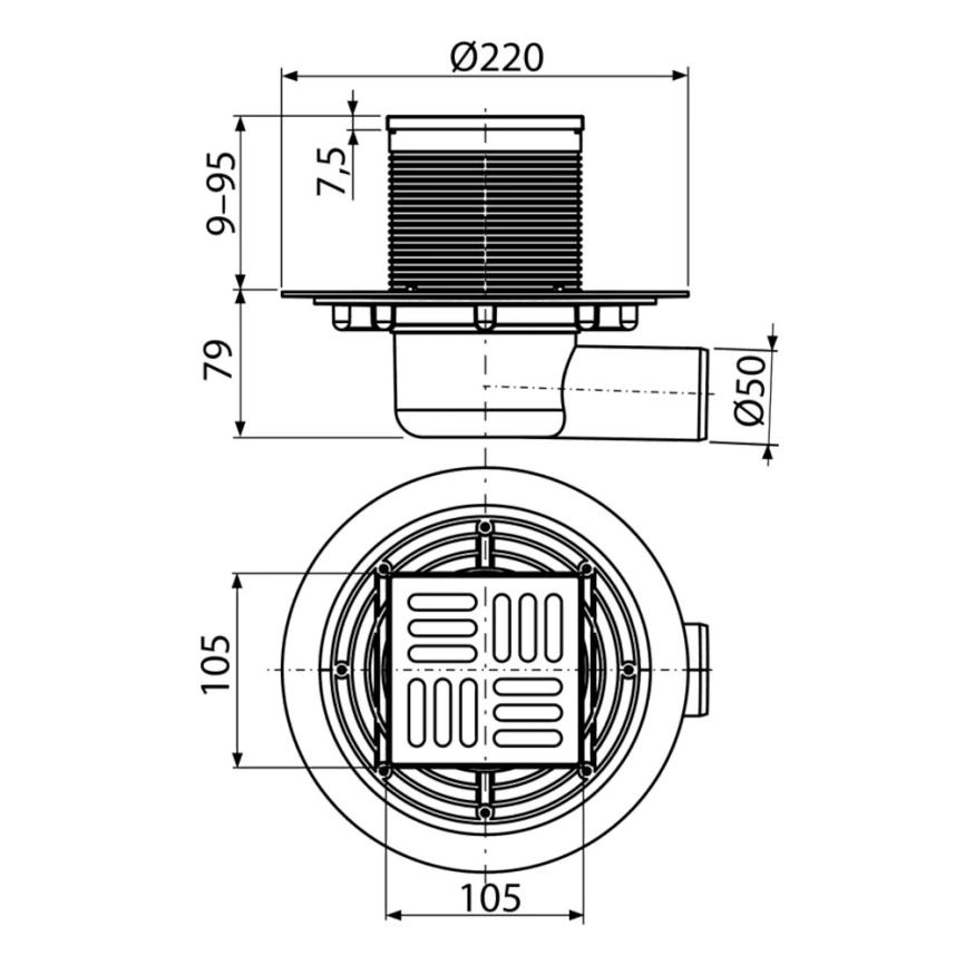 Трап для душа AlcaPlast APV101 регулируемый горизонтальный - схема