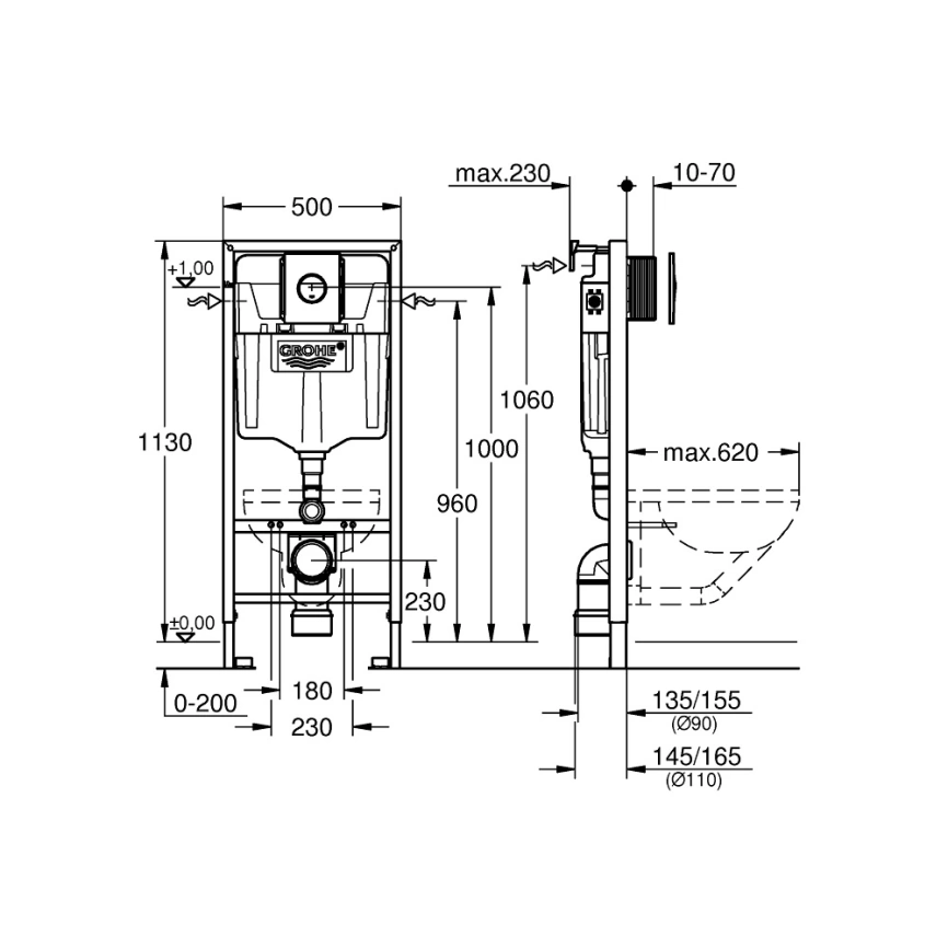 Инсталляция для унитаза Grohe Rapid SL 38860000 с панелью смыва в цвете хром - схема