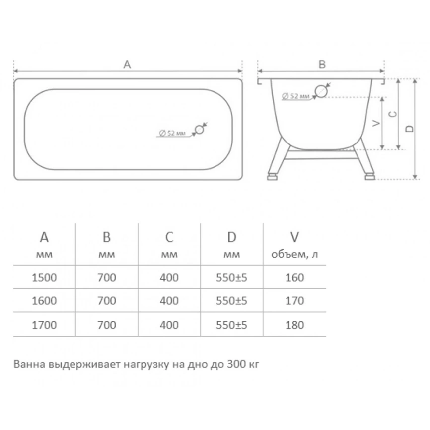 Ванна стальная Tevro 160x70 с ножками - схема