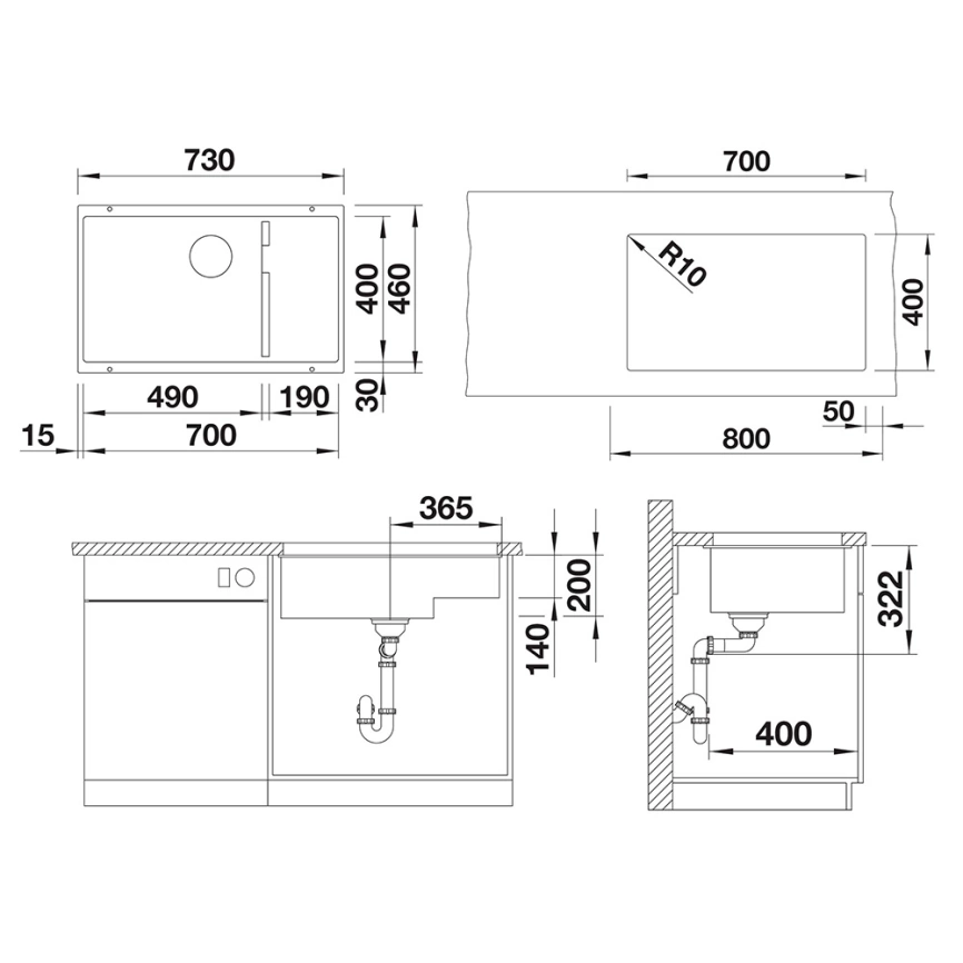 Мойка кухонная Blanco Subline 700-U Level 523539 темная скала - схема
