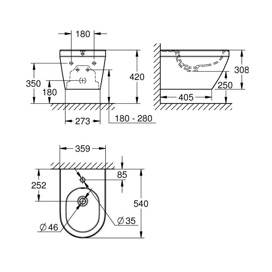 Биде подвесное Grohe Euro Ceramic 102487SH00 белое - схема