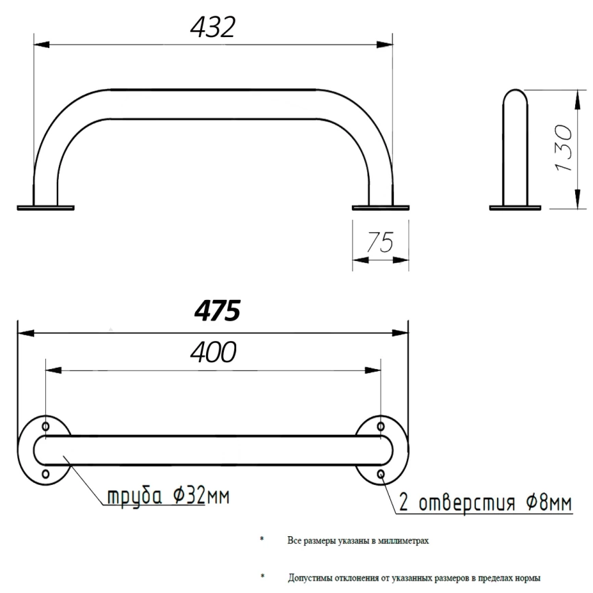 Поручень настенный для МГН Олимп 400 прямой хром - схема