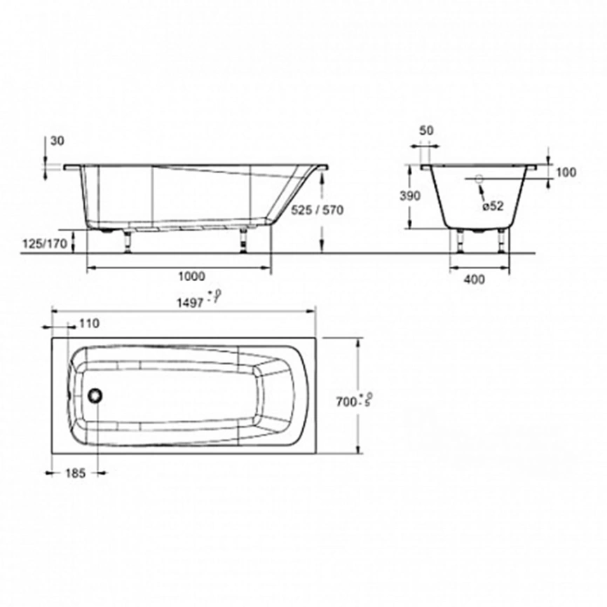Ванна акриловая Jacob Delafon Patio 150x70 E6810RU-01 с каркасом - схема