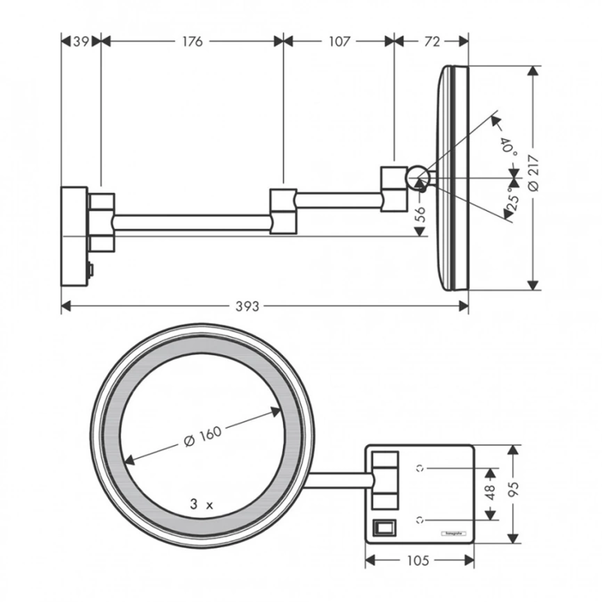 Косметическое зеркало Hansgrohe AddStoris 41790700 с подсветкой, белое - схема