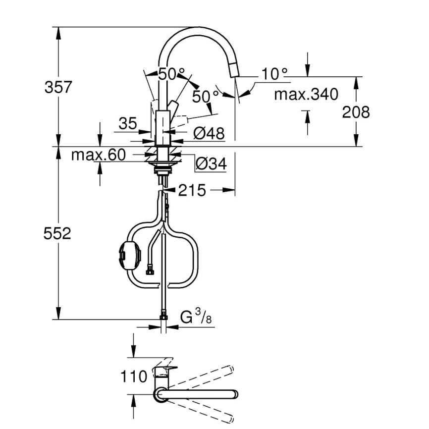 Смеситель для кухни Grohe BauEdge 30536000 с вытяжным изливом, хром - схема