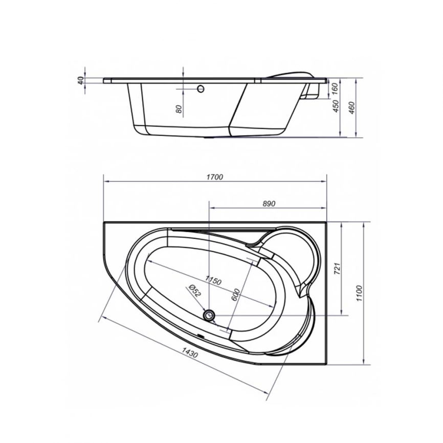 Ванна акриловая асимметричная Cersanit Kaliope 170x110 с каркасом и панелью,  правая - схема