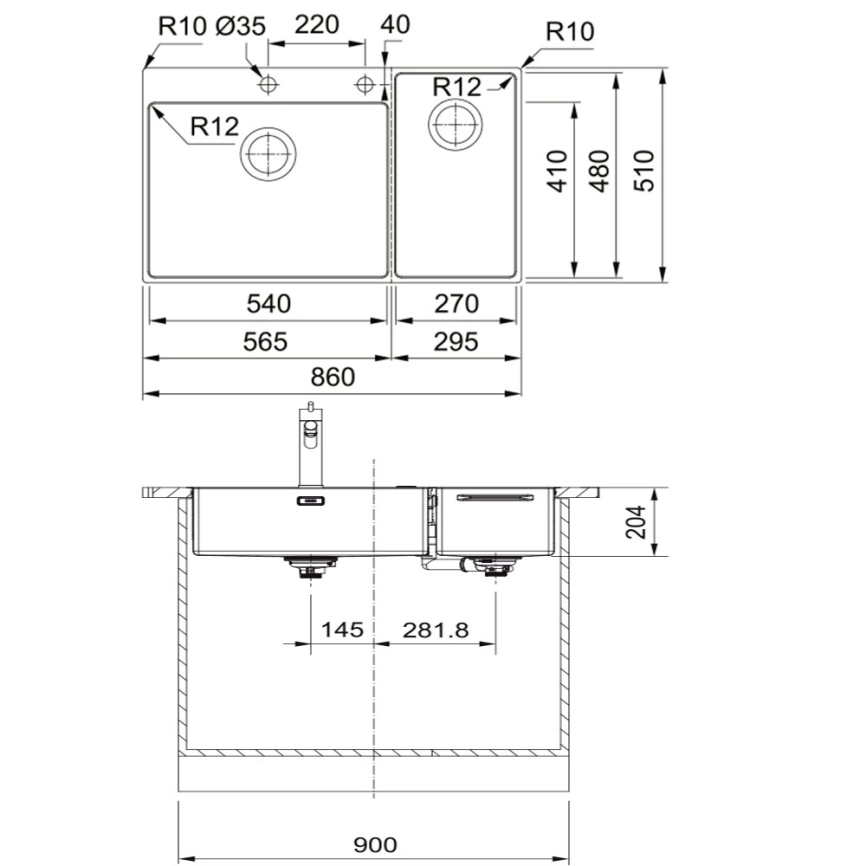 Мойка кухонная из нержавеющей стали Franke Box Center BWX 220-54-27 TL 127.0538.259 - схема