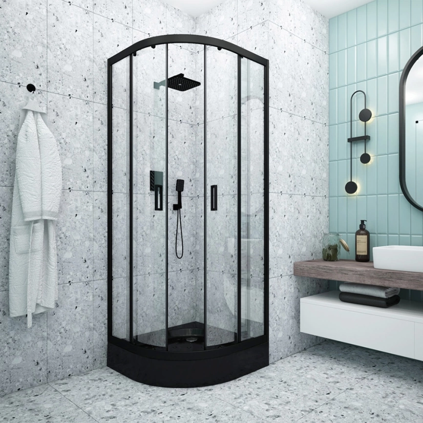 Душевой уголок 80x80 Метакам Classic Black N полукруглый с низким поддоном, прозрачное стекло - фото 1