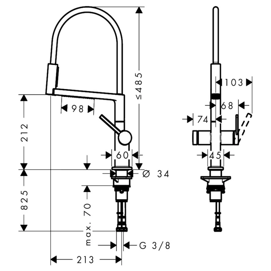 Смеситель для кухни Hansgrohe Talis M54 72861000 с гибким изливом хром - схема