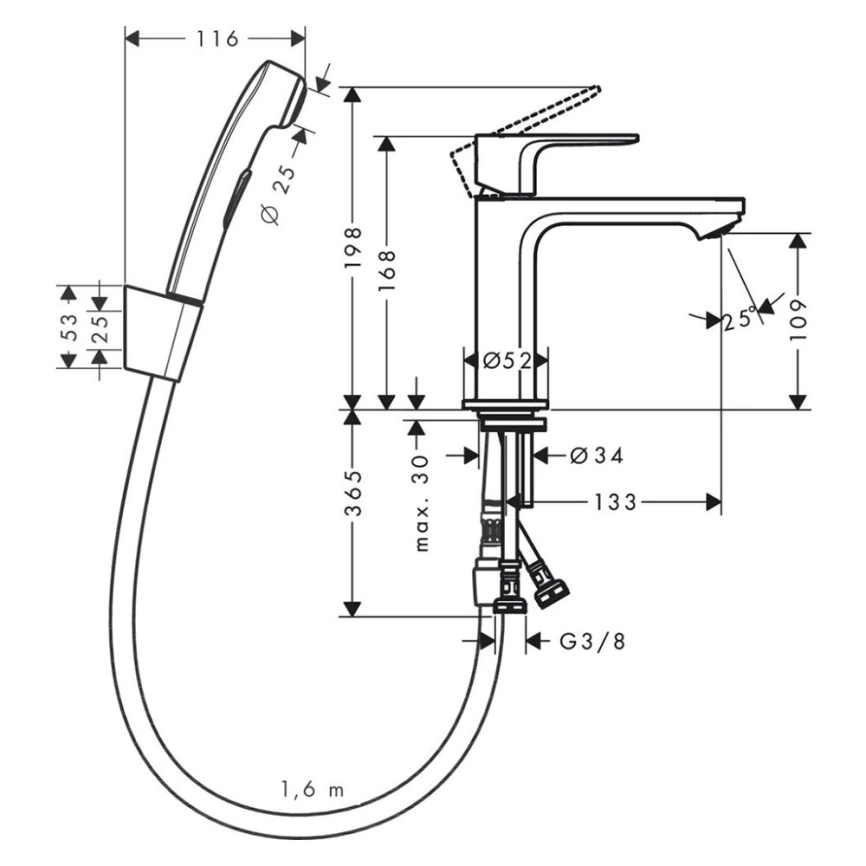 Смеситель для раковины Hansgrohe Rebris E 72216000 с гигиеническим душем, хром - схема