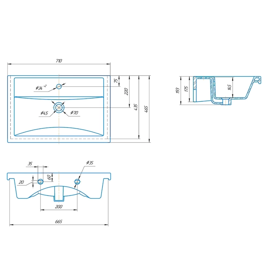 Тумба с раковиной напольная Cetus Остин 70 Z2 пайн, с двумя выдвижными ящиками - схема умывальника