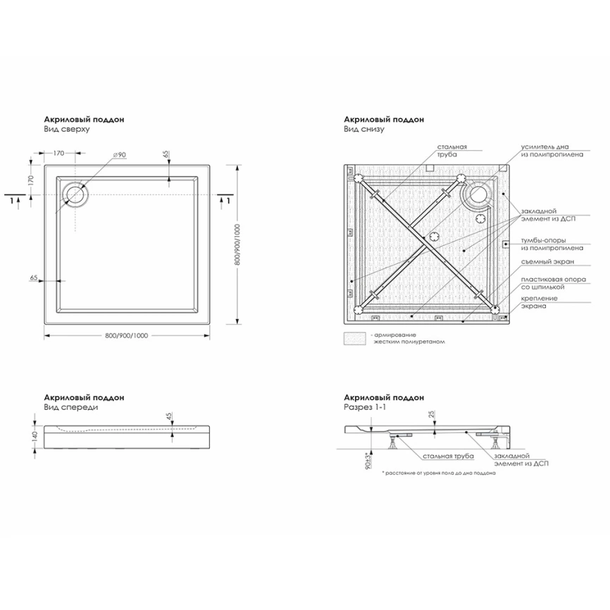 Душевой поддон акриловый 100x100 Метакам Apart квадратный -   схема