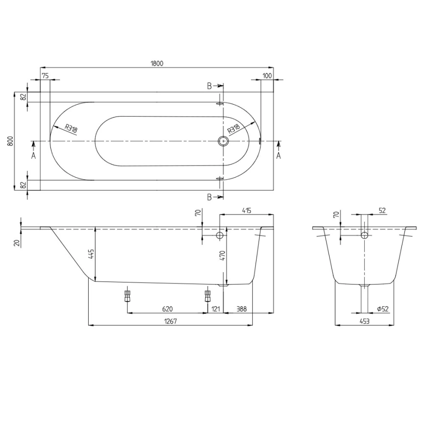 Ванна квариловая Villeroy & Boch Oberon 180x80 UBQ180OBE2V-01 с ножками, белая - схема