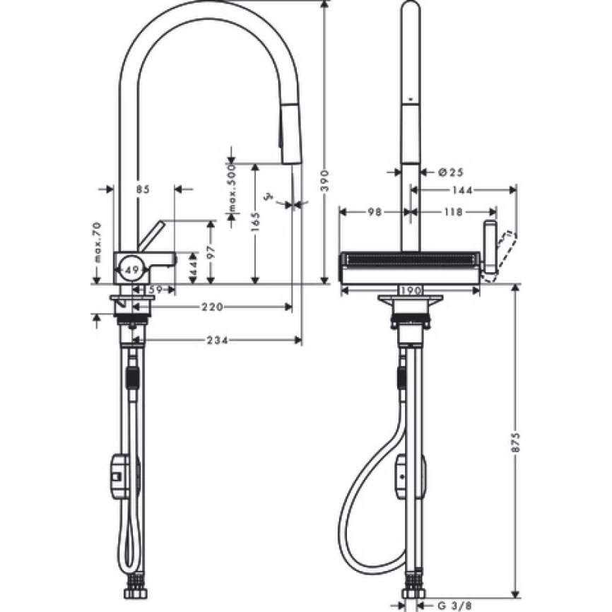 Смеситель для кухни Hansgrohe Aquno Select M81 73837000 с вытяжным душем - схема